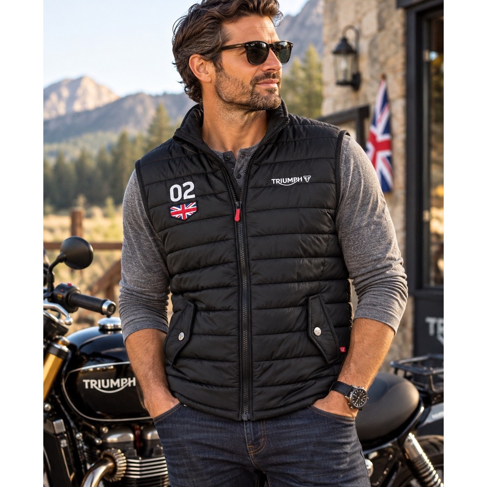 Triumph Motorcycles Black Puffer Vest Union Jack Logo Biker Vest Mens Large